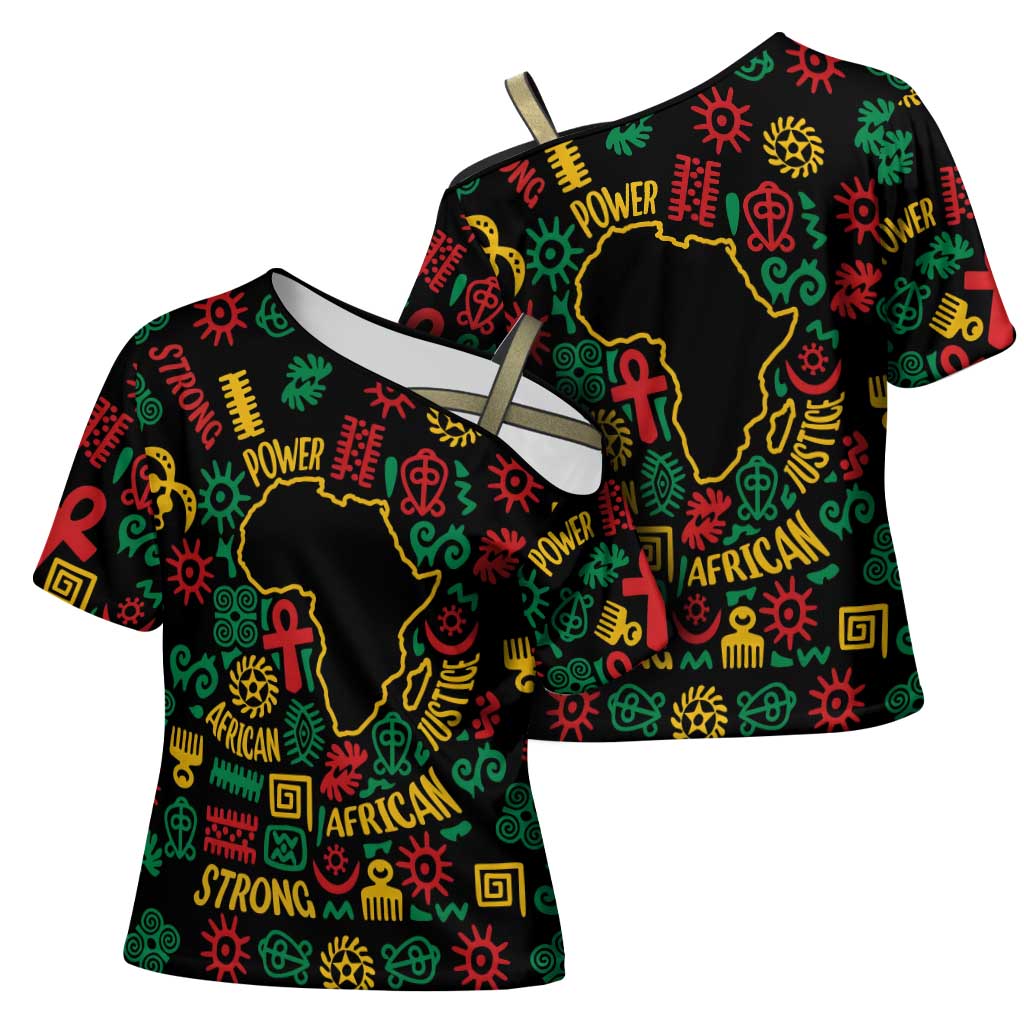 African Map Symbol Cross Shoulder Shirt with Red Yellow Green Tribal Symbols and Empowering Pattern - Wonder Print Shop