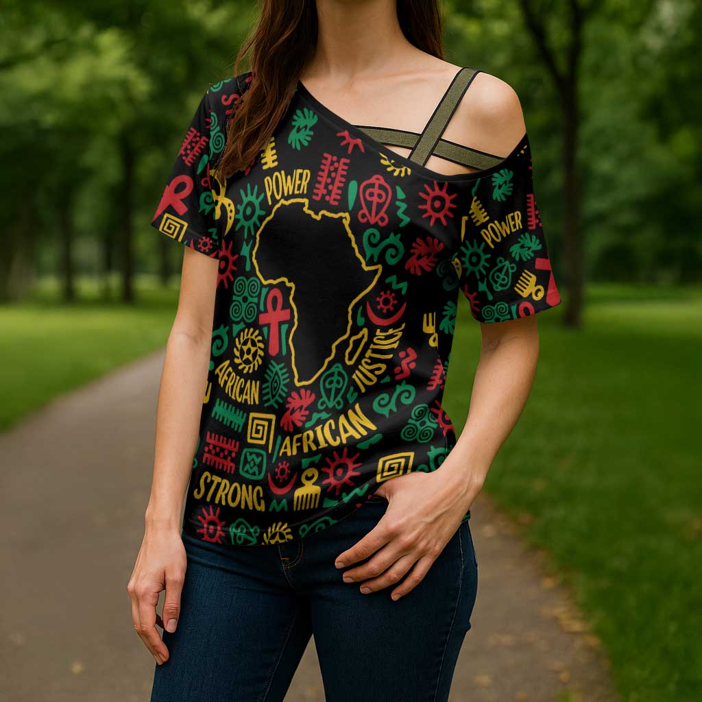 African Map Symbol Cross Shoulder Shirt with Red Yellow Green Tribal Symbols and Empowering Pattern - Wonder Print Shop