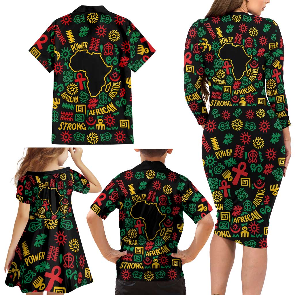 African Map Symbol Family Matching Long Sleeve Bodycon Dress and Hawaiian Shirt with Red Yellow Green Tribal Symbols and Empowering Pattern - Wonder Print Shop