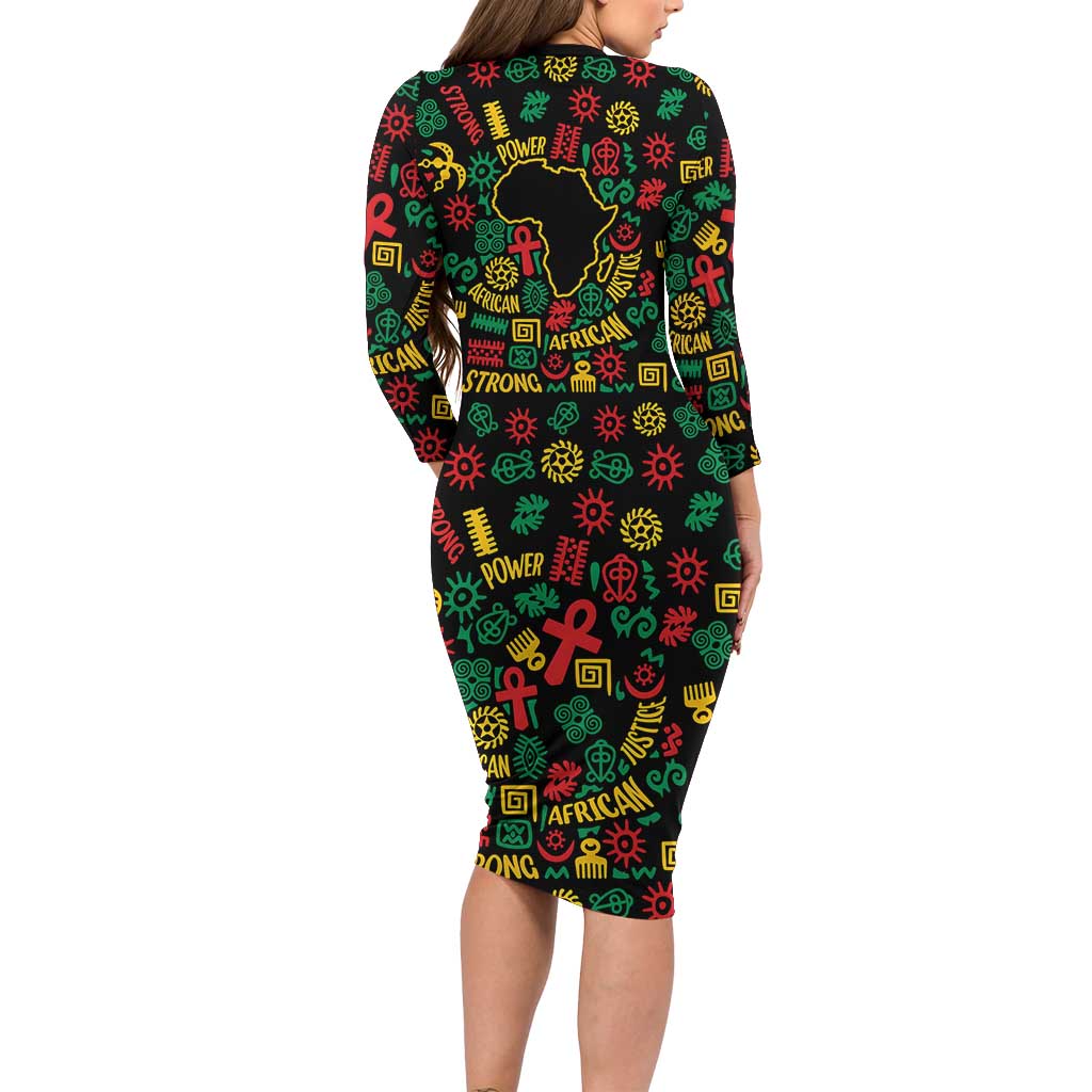 African Map Symbol Family Matching Long Sleeve Bodycon Dress and Hawaiian Shirt with Red Yellow Green Tribal Symbols and Empowering Pattern - Wonder Print Shop