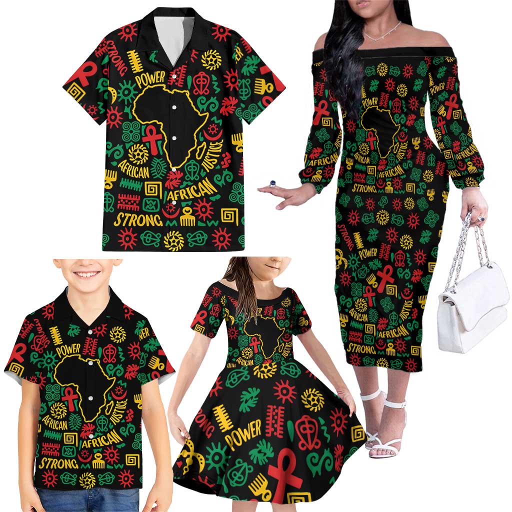 African Map Symbol Family Matching Off The Shoulder Long Sleeve Dress and Hawaiian Shirt with Red Yellow Green Tribal Symbols and Empowering Pattern - Wonder Print Shop