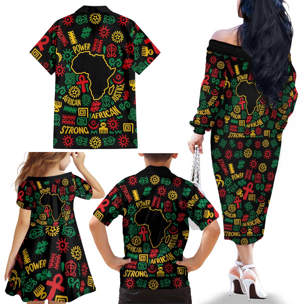 African Map Symbol Family Matching Off The Shoulder Long Sleeve Dress and Hawaiian Shirt with Red Yellow Green Tribal Symbols and Empowering Pattern - Wonder Print Shop