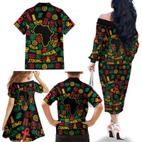 African Map Symbol Family Matching Off The Shoulder Long Sleeve Dress and Hawaiian Shirt with Red Yellow Green Tribal Symbols and Empowering Pattern - Wonder Print Shop