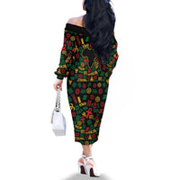 African Map Symbol Family Matching Off The Shoulder Long Sleeve Dress and Hawaiian Shirt with Red Yellow Green Tribal Symbols and Empowering Pattern - Wonder Print Shop