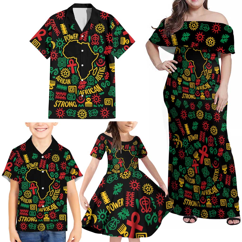 African Map Symbol Family Matching Off Shoulder Maxi Dress and Hawaiian Shirt with Red Yellow Green Tribal Symbols and Empowering Pattern - Wonder Print Shop