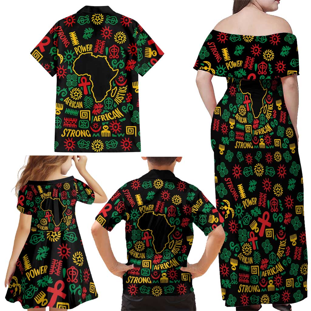 African Map Symbol Family Matching Off Shoulder Maxi Dress and Hawaiian Shirt with Red Yellow Green Tribal Symbols and Empowering Pattern - Wonder Print Shop