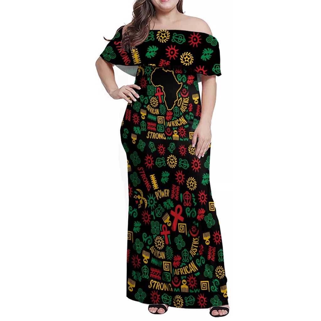 African Map Symbol Family Matching Off Shoulder Maxi Dress and Hawaiian Shirt with Red Yellow Green Tribal Symbols and Empowering Pattern - Wonder Print Shop