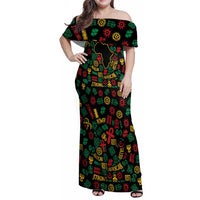African Map Symbol Family Matching Off Shoulder Maxi Dress and Hawaiian Shirt with Red Yellow Green Tribal Symbols and Empowering Pattern - Wonder Print Shop