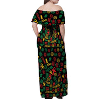 African Map Symbol Family Matching Off Shoulder Maxi Dress and Hawaiian Shirt with Red Yellow Green Tribal Symbols and Empowering Pattern - Wonder Print Shop