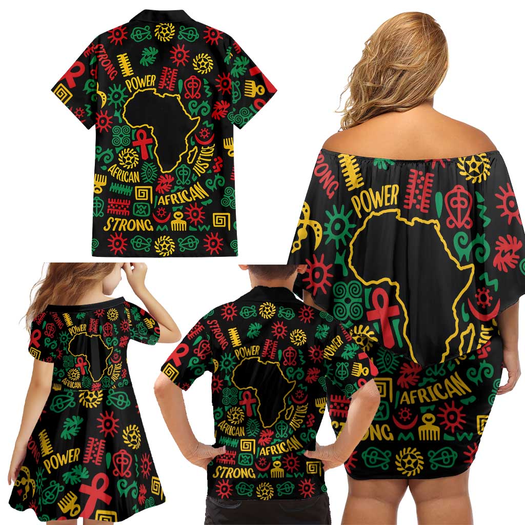 African Map Symbol Family Matching Off Shoulder Short Dress and Hawaiian Shirt with Red Yellow Green Tribal Symbols and Empowering Pattern - Wonder Print Shop