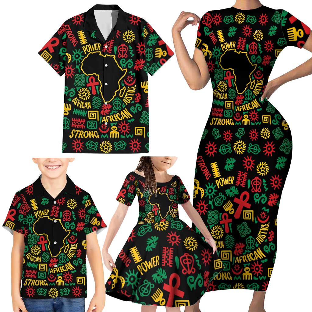 African Map Symbol Family Matching Short Sleeve Bodycon Dress and Hawaiian Shirt with Red Yellow Green Tribal Symbols and Empowering Pattern - Wonder Print Shop