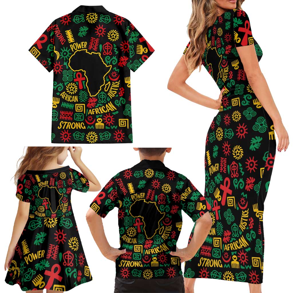 African Map Symbol Family Matching Short Sleeve Bodycon Dress and Hawaiian Shirt with Red Yellow Green Tribal Symbols and Empowering Pattern - Wonder Print Shop