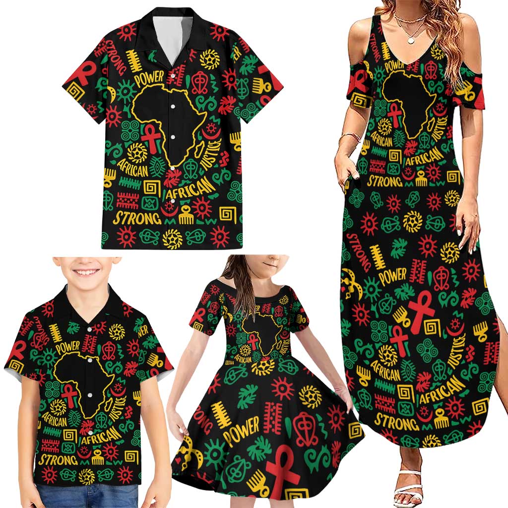 African Map Symbol Family Matching Summer Maxi Dress and Hawaiian Shirt with Red Yellow Green Tribal Symbols and Empowering Pattern - Wonder Print Shop