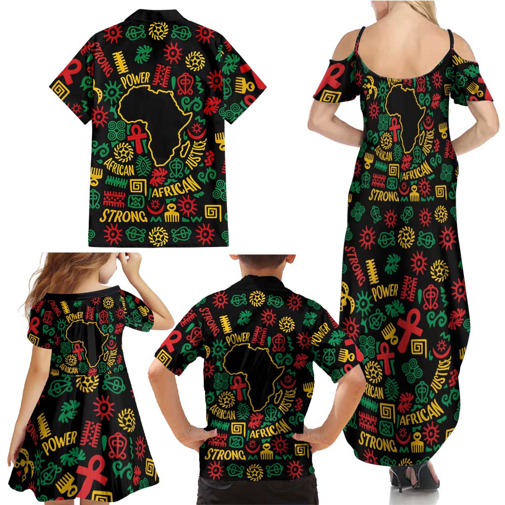 African Map Symbol Family Matching Summer Maxi Dress and Hawaiian Shirt with Red Yellow Green Tribal Symbols and Empowering Pattern - Wonder Print Shop