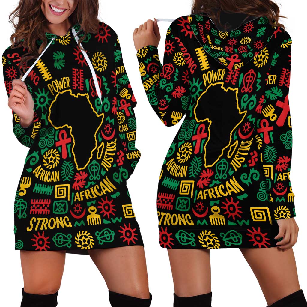 African Map Symbol Hoodie Dress with Red Yellow Green Tribal Symbols and Empowering Pattern - Wonder Print Shop