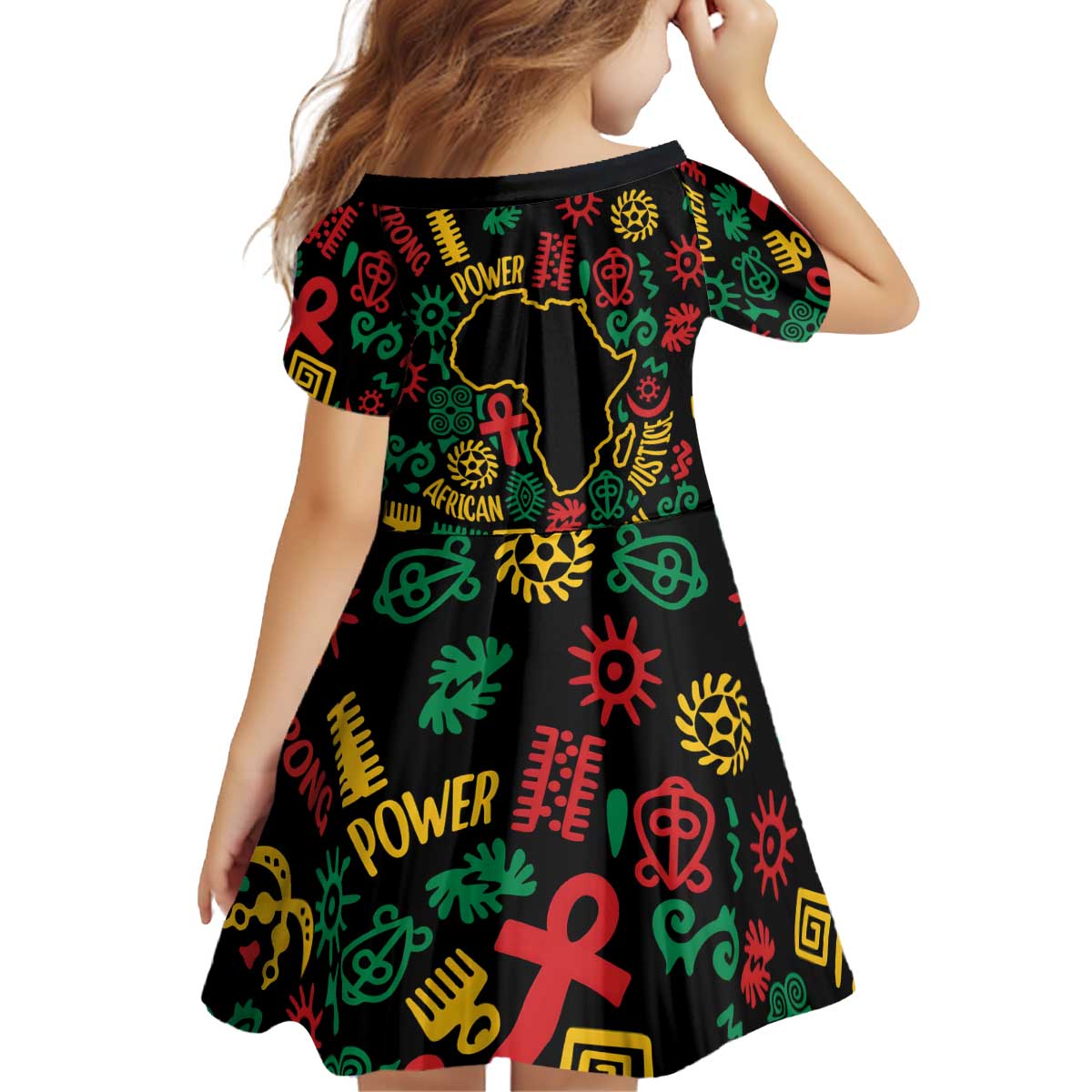African Map Symbol Kid Short Sleeve Dress with Red Yellow Green Tribal Symbols and Empowering Pattern - Wonder Print Shop
