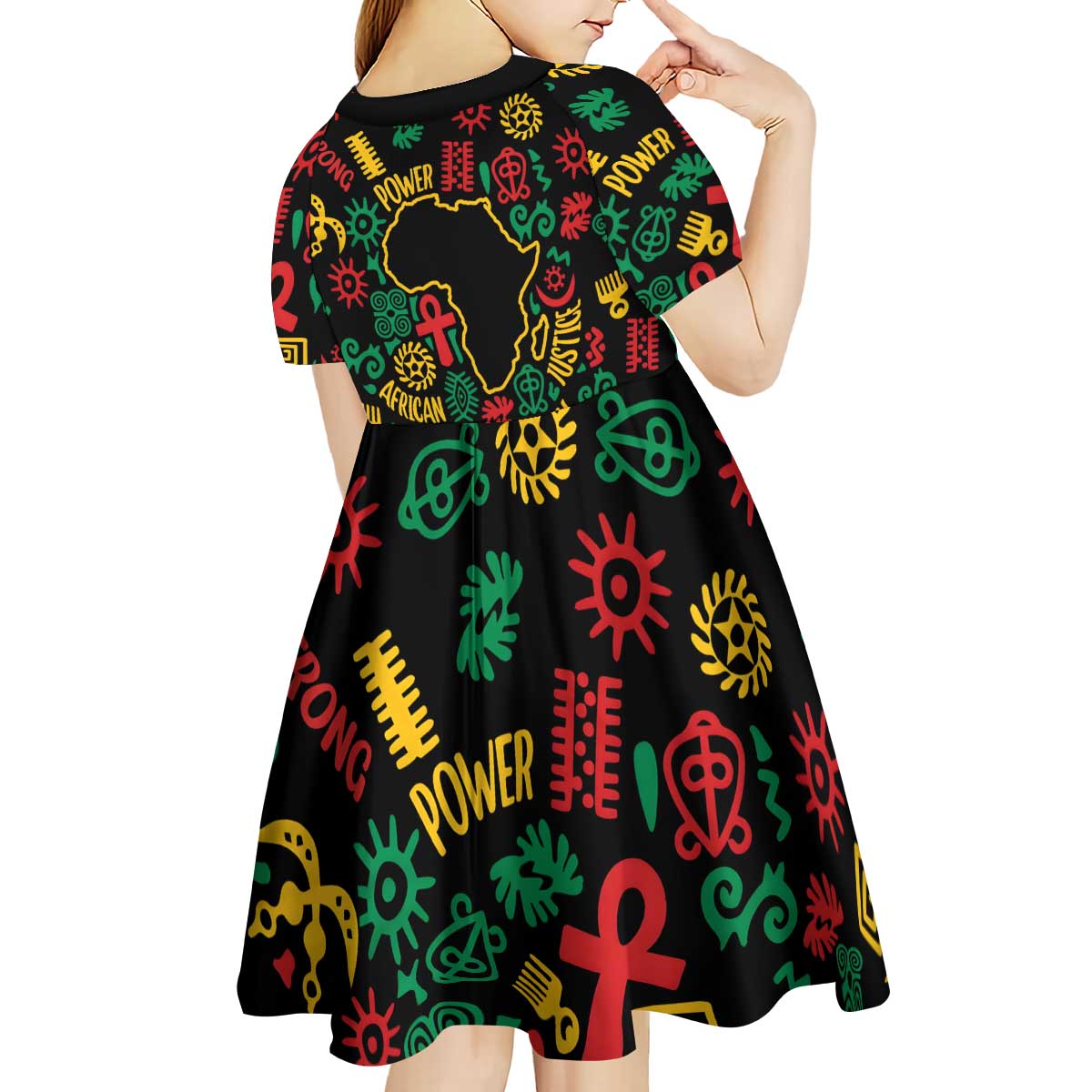 African Map Symbol Kid Short Sleeve Dress with Red Yellow Green Tribal Symbols and Empowering Pattern - Wonder Print Shop