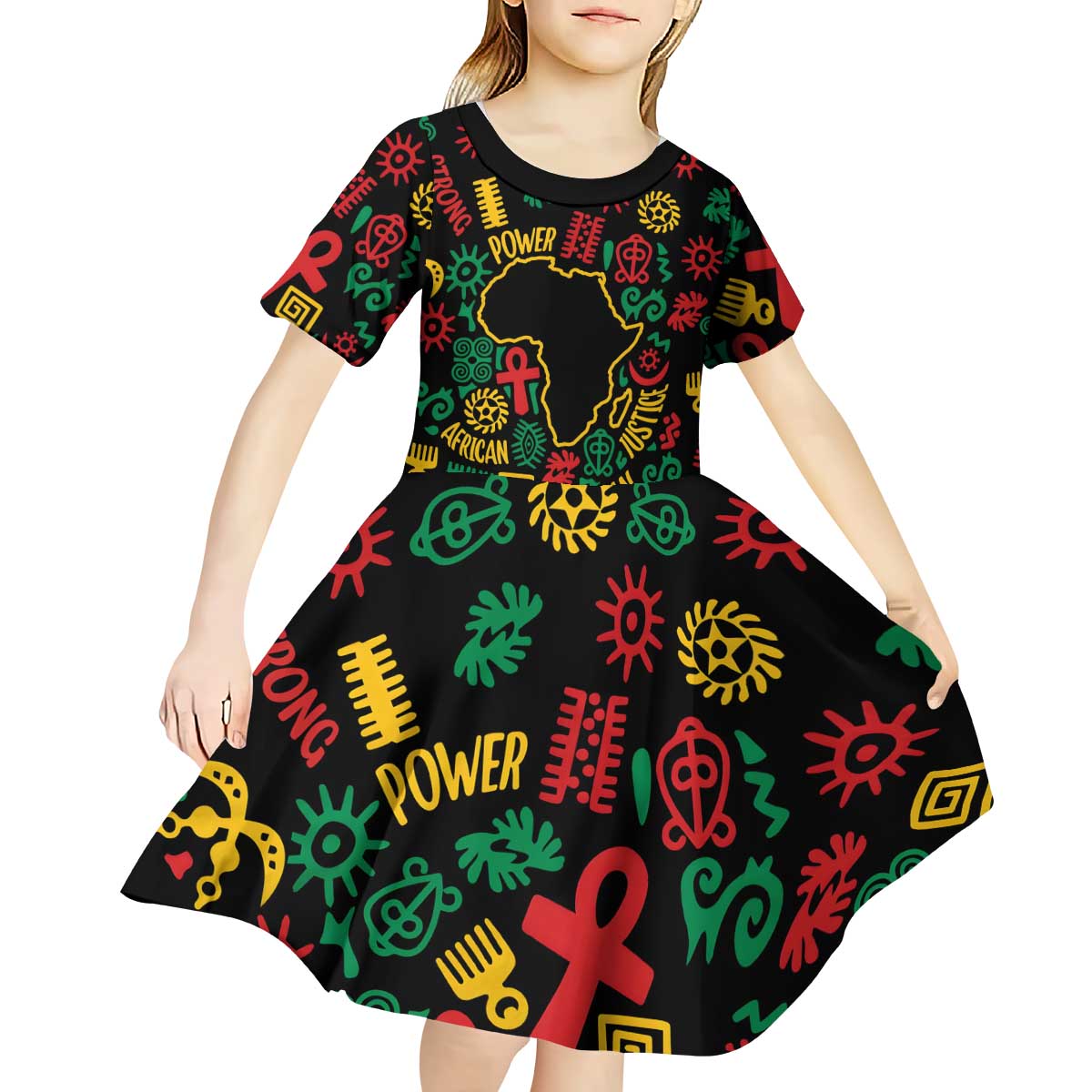 African Map Symbol Kid Short Sleeve Dress with Red Yellow Green Tribal Symbols and Empowering Pattern - Wonder Print Shop