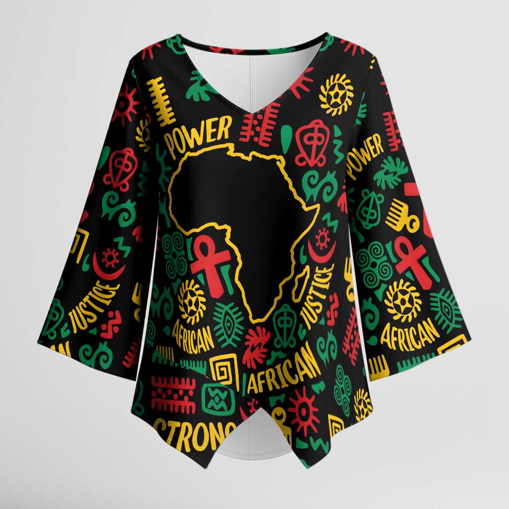 African Map Symbol Kimono Sleeve Blouse with Red Yellow Green Tribal Symbols and Empowering Pattern - Wonder Print Shop