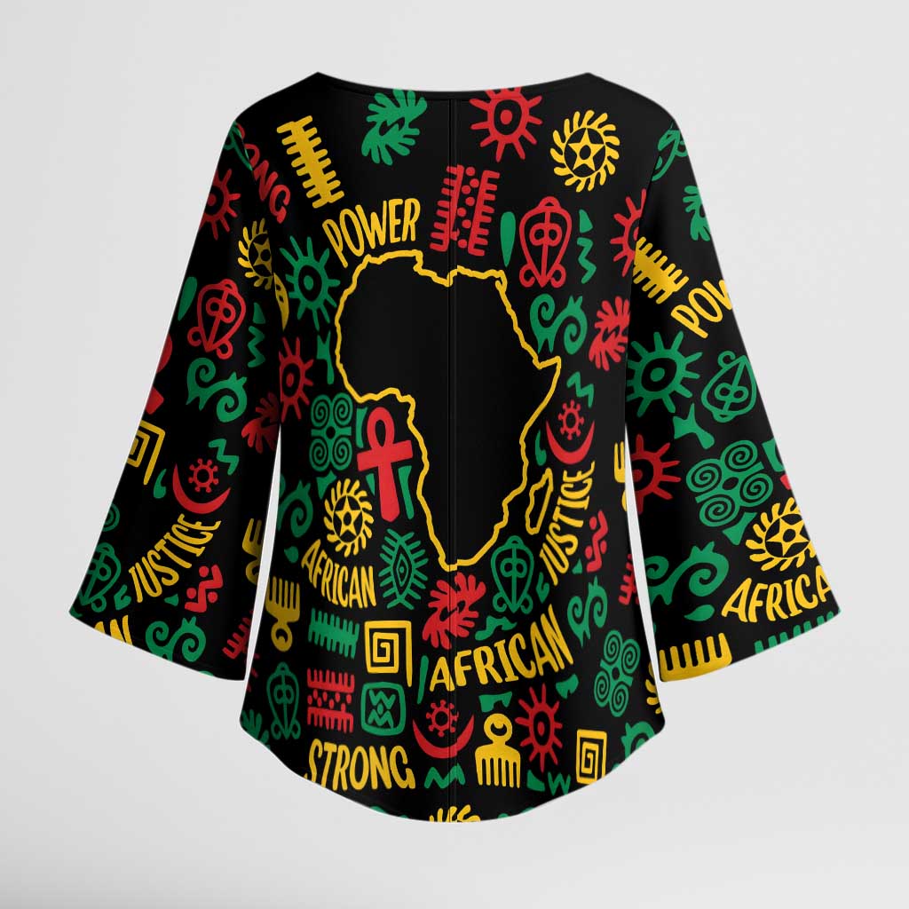 African Map Symbol Kimono Sleeve Blouse with Red Yellow Green Tribal Symbols and Empowering Pattern - Wonder Print Shop