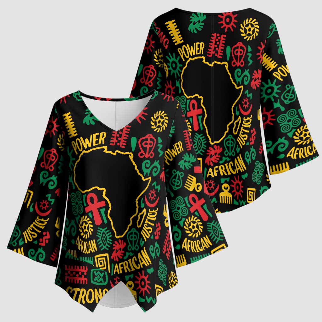 African Map Symbol Kimono Sleeve Blouse with Red Yellow Green Tribal Symbols and Empowering Pattern - Wonder Print Shop