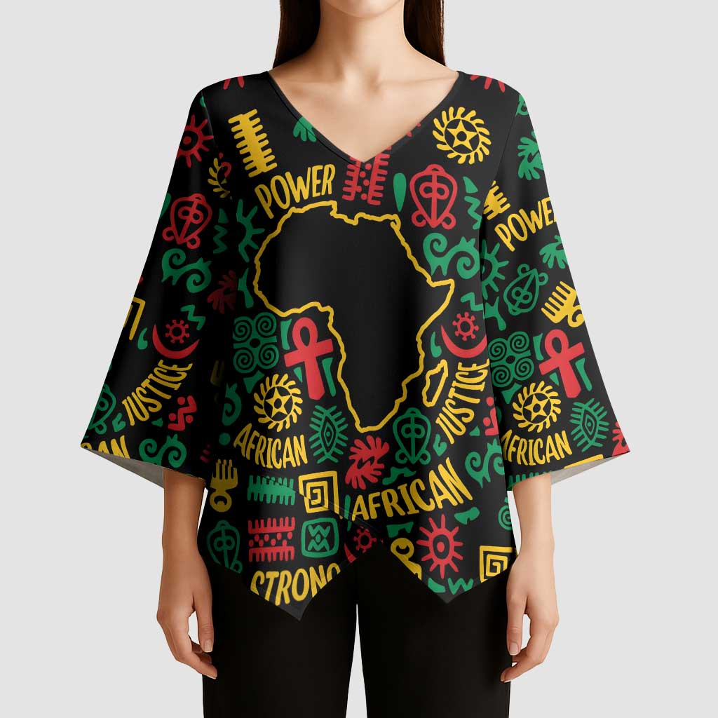 African Map Symbol Kimono Sleeve Blouse with Red Yellow Green Tribal Symbols and Empowering Pattern - Wonder Print Shop