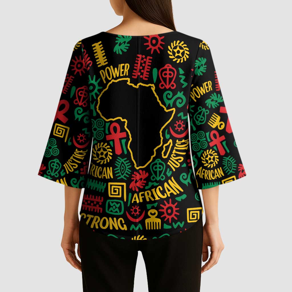African Map Symbol Kimono Sleeve Blouse with Red Yellow Green Tribal Symbols and Empowering Pattern - Wonder Print Shop