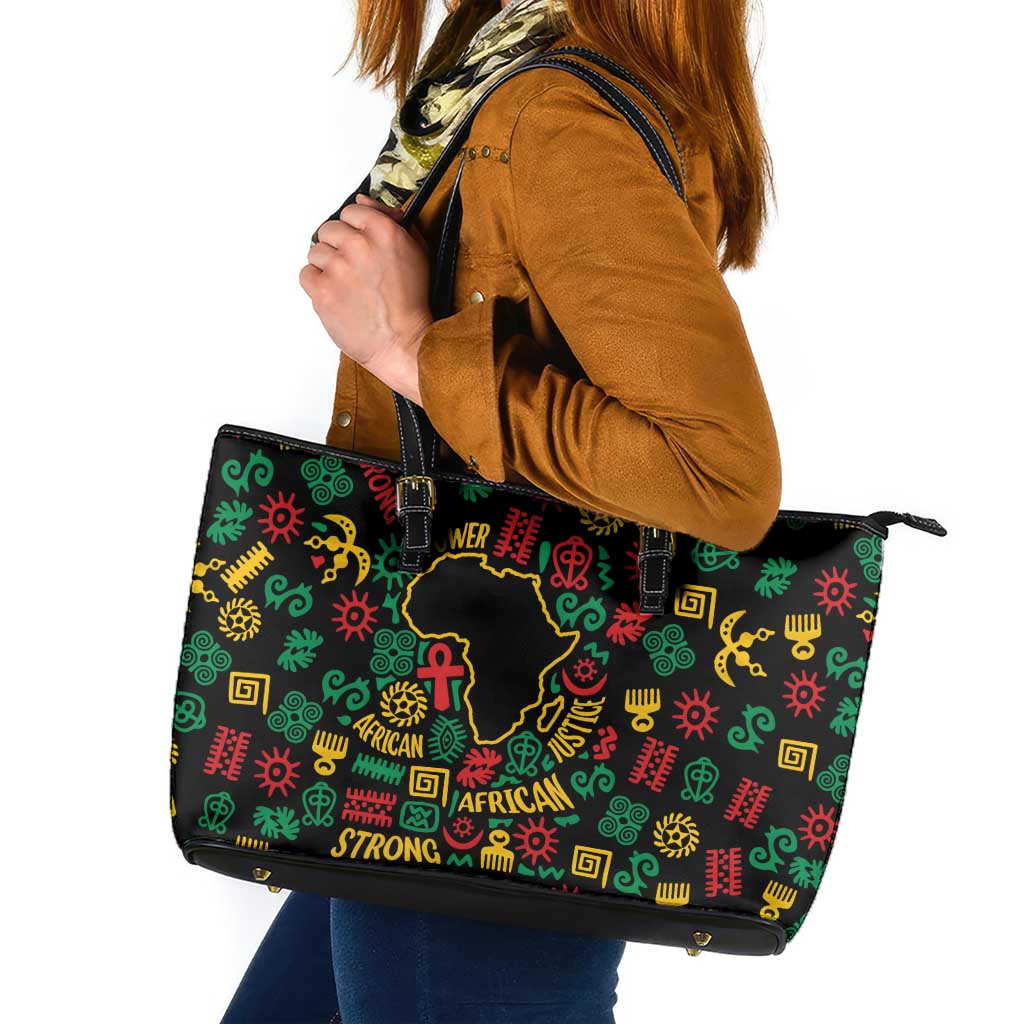 African Map Symbol Leather Tote Bag with Red Yellow Green Tribal Symbols and Empowering Pattern - Wonder Print Shop