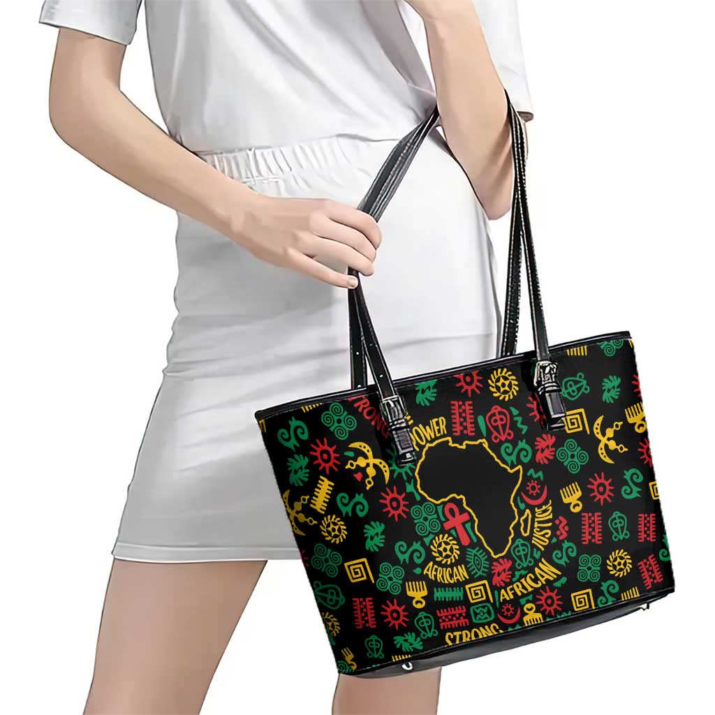 African Map Symbol Leather Tote Bag with Red Yellow Green Tribal Symbols and Empowering Pattern - Wonder Print Shop