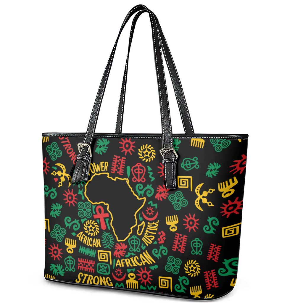 African Map Symbol Leather Tote Bag with Red Yellow Green Tribal Symbols and Empowering Pattern - Wonder Print Shop