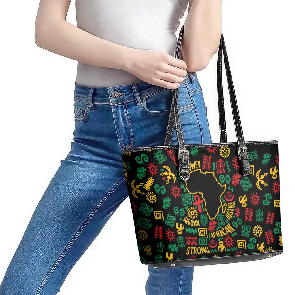 African Map Symbol Leather Tote Bag with Red Yellow Green Tribal Symbols and Empowering Pattern - Wonder Print Shop