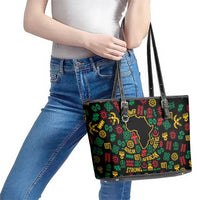 African Map Symbol Leather Tote Bag with Red Yellow Green Tribal Symbols and Empowering Pattern - Wonder Print Shop