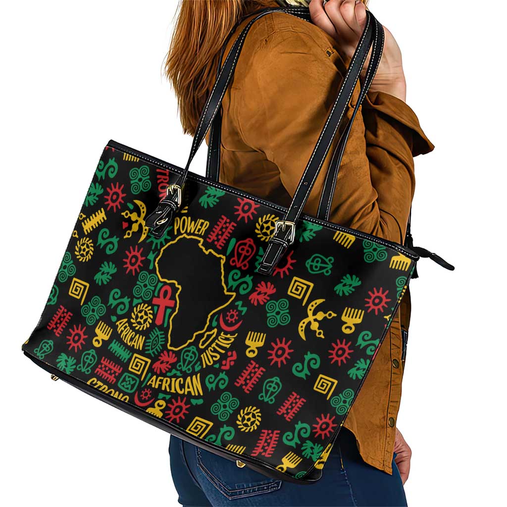 African Map Symbol Leather Tote Bag with Red Yellow Green Tribal Symbols and Empowering Pattern - Wonder Print Shop