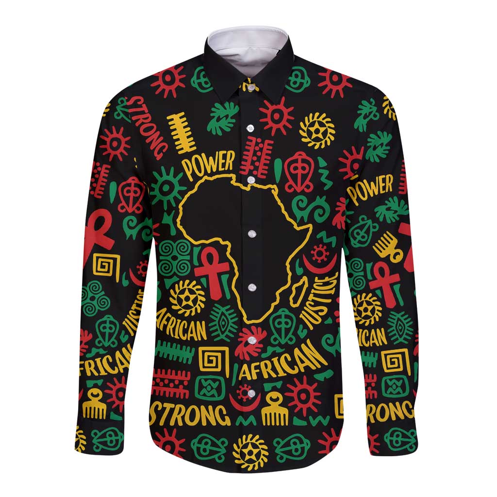 African Map Symbol Long Sleeve Button Shirt with Red Yellow Green Tribal Symbols and Empowering Pattern - Wonder Print Shop