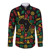 African Map Symbol Long Sleeve Button Shirt with Red Yellow Green Tribal Symbols and Empowering Pattern - Wonder Print Shop