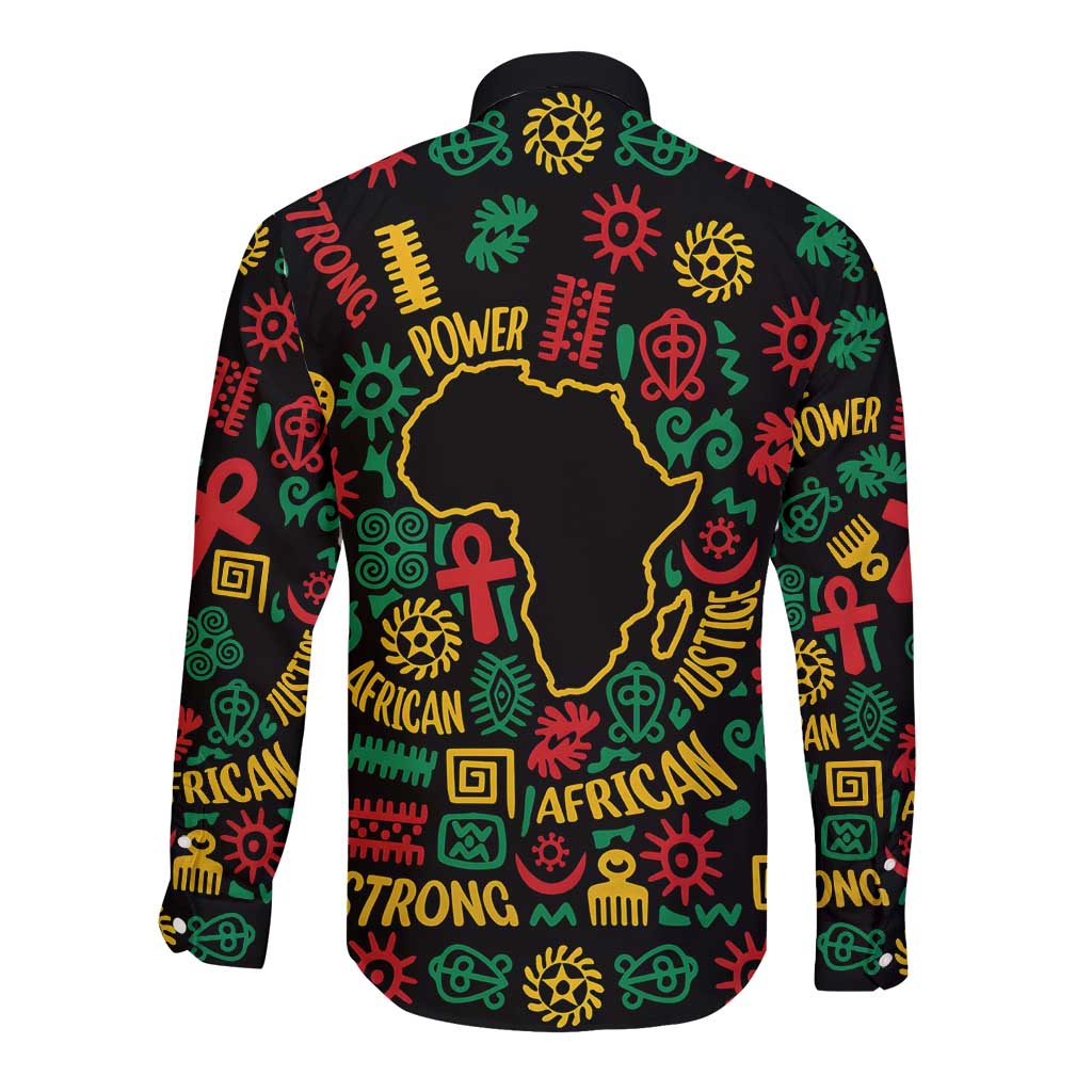 African Map Symbol Long Sleeve Button Shirt with Red Yellow Green Tribal Symbols and Empowering Pattern - Wonder Print Shop