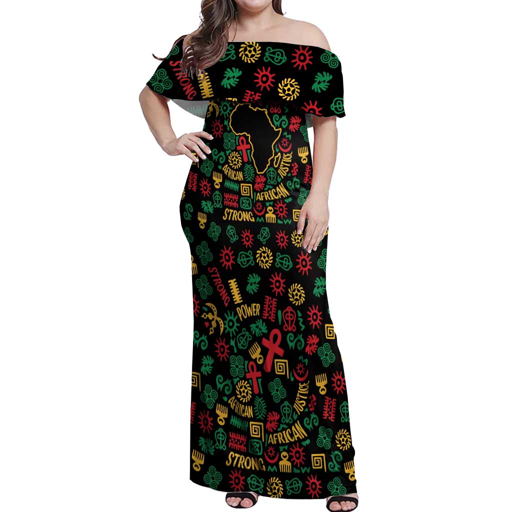 African Map Symbol Off Shoulder Maxi Dress with Red Yellow Green Tribal Symbols and Empowering Pattern - Wonder Print Shop