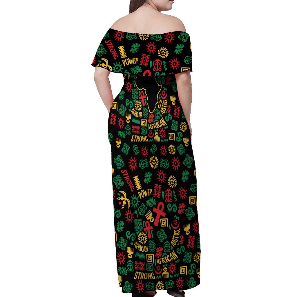 African Map Symbol Off Shoulder Maxi Dress with Red Yellow Green Tribal Symbols and Empowering Pattern - Wonder Print Shop