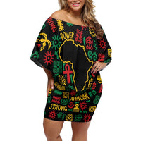 African Map Symbol Off Shoulder Short Dress with Red Yellow Green Tribal Symbols and Empowering Pattern - Wonder Print Shop