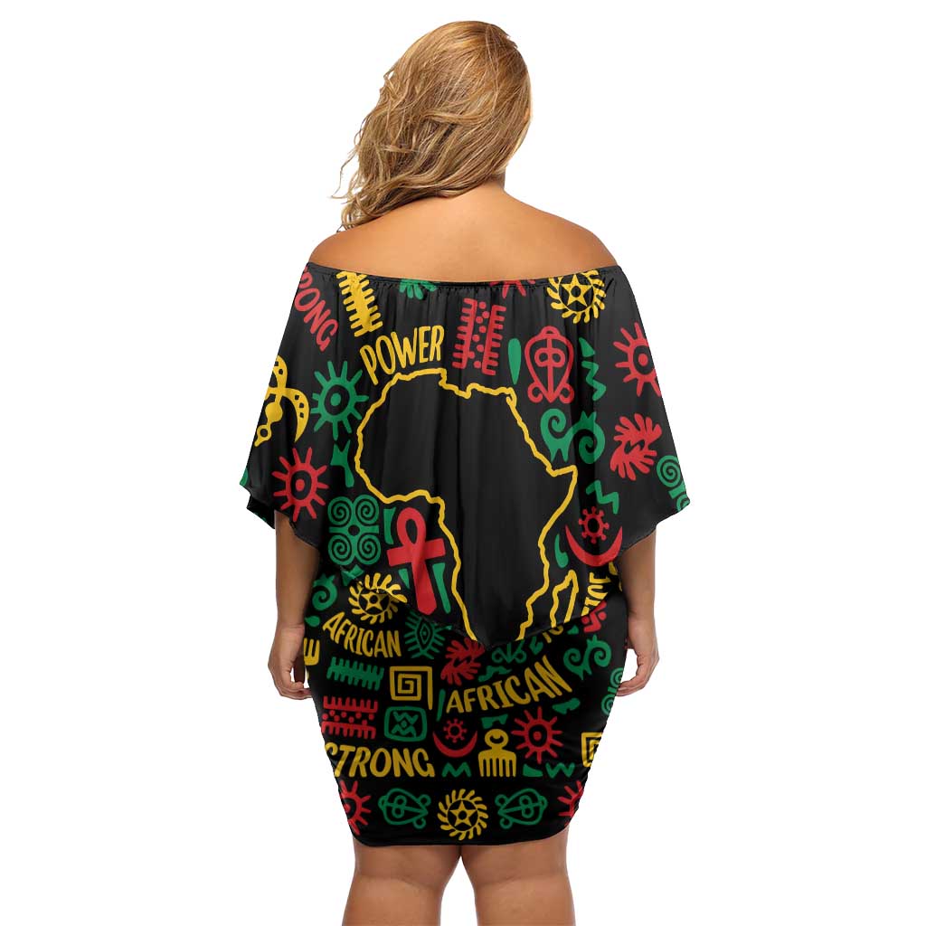 African Map Symbol Off Shoulder Short Dress with Red Yellow Green Tribal Symbols and Empowering Pattern - Wonder Print Shop