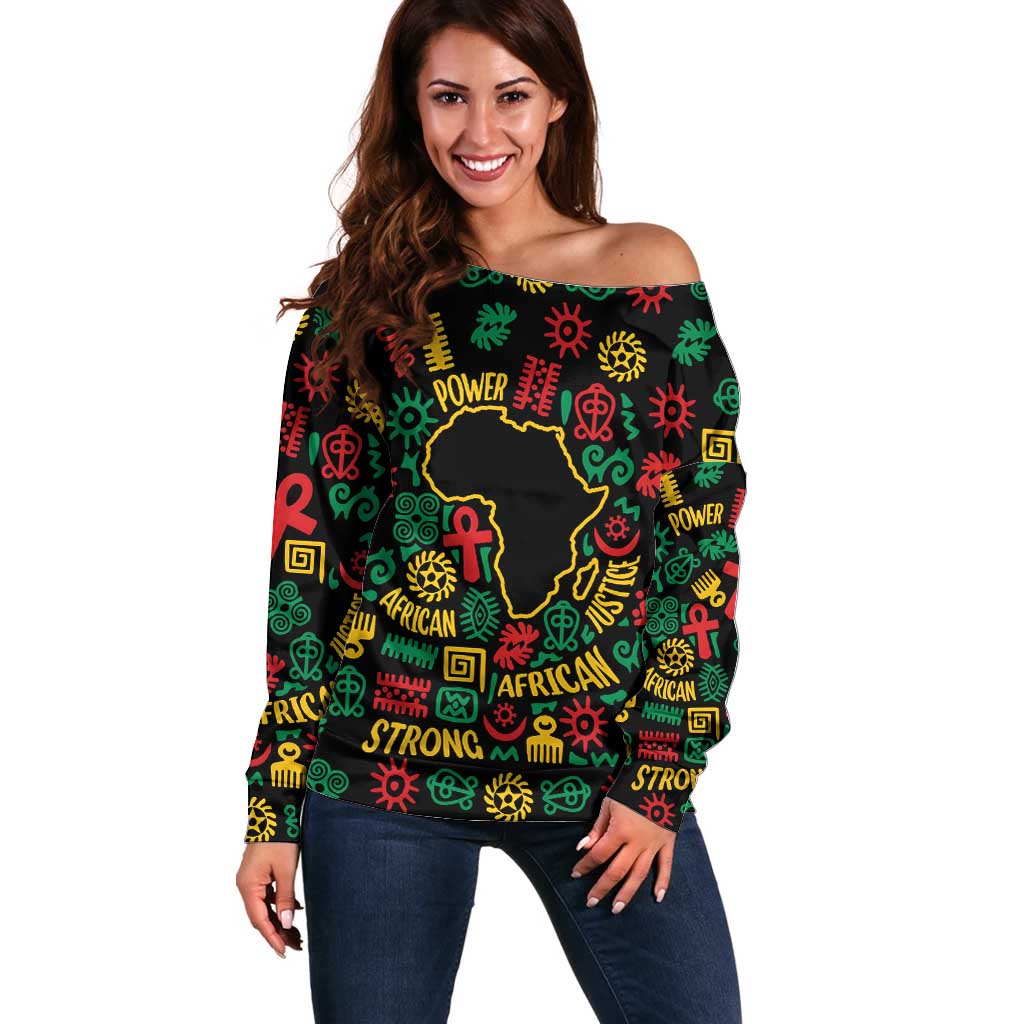 African Map Symbol Off Shoulder Sweater with Red Yellow Green Tribal Symbols and Empowering Pattern - Wonder Print Shop