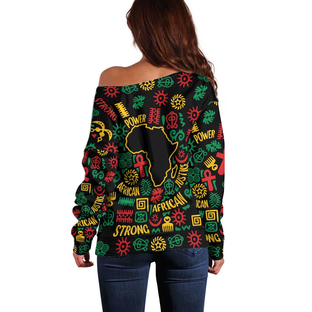 African Map Symbol Off Shoulder Sweater with Red Yellow Green Tribal Symbols and Empowering Pattern - Wonder Print Shop