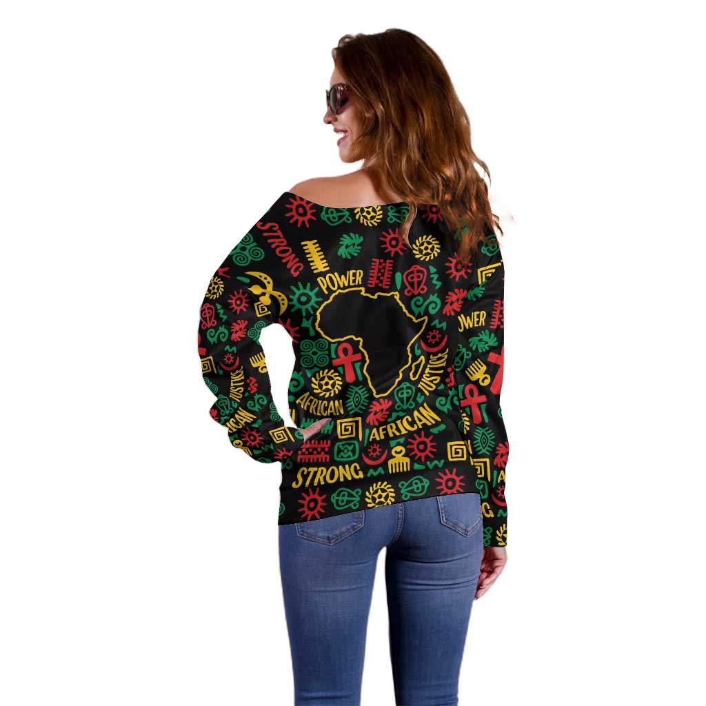 African Map Symbol Off Shoulder Sweater with Red Yellow Green Tribal Symbols and Empowering Pattern - Wonder Print Shop