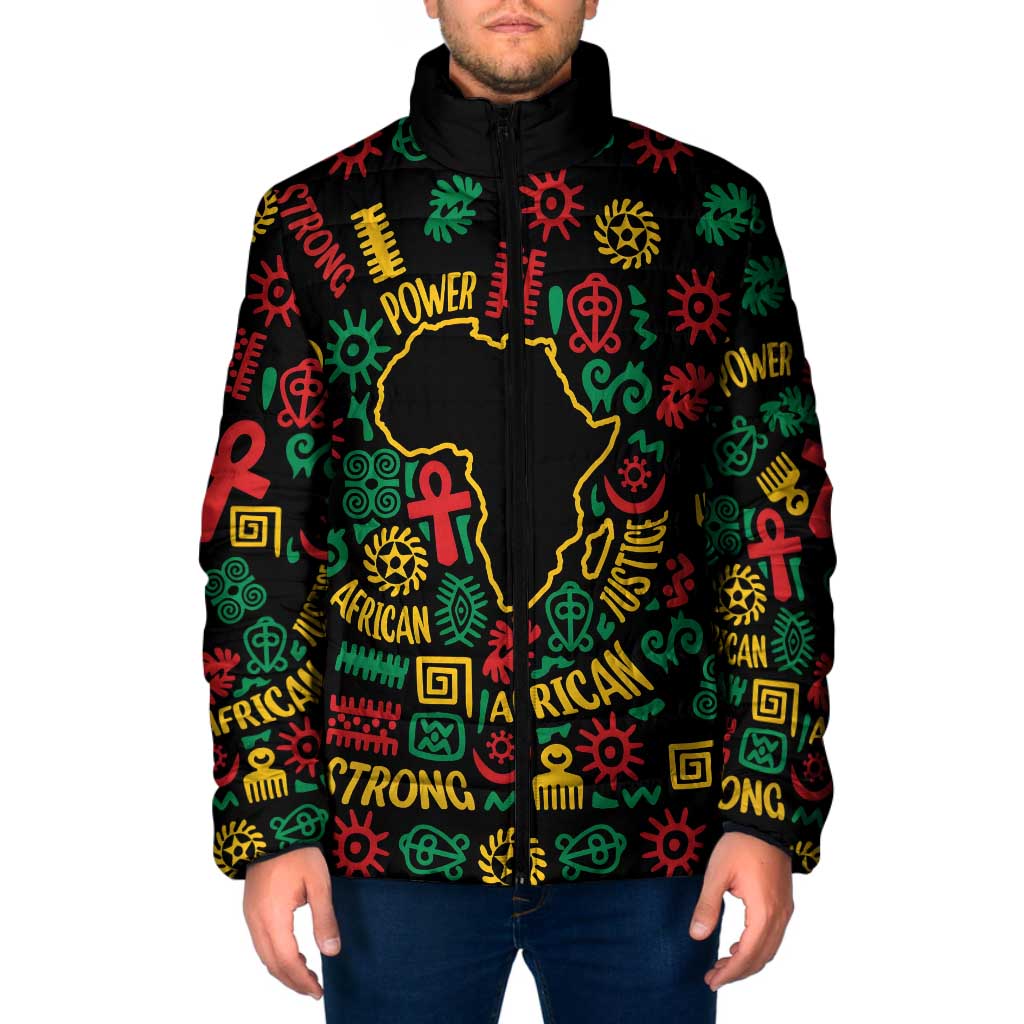 African Map Symbol Padded Jacket with Red Yellow Green Tribal Symbols and Empowering Pattern - Wonder Print Shop