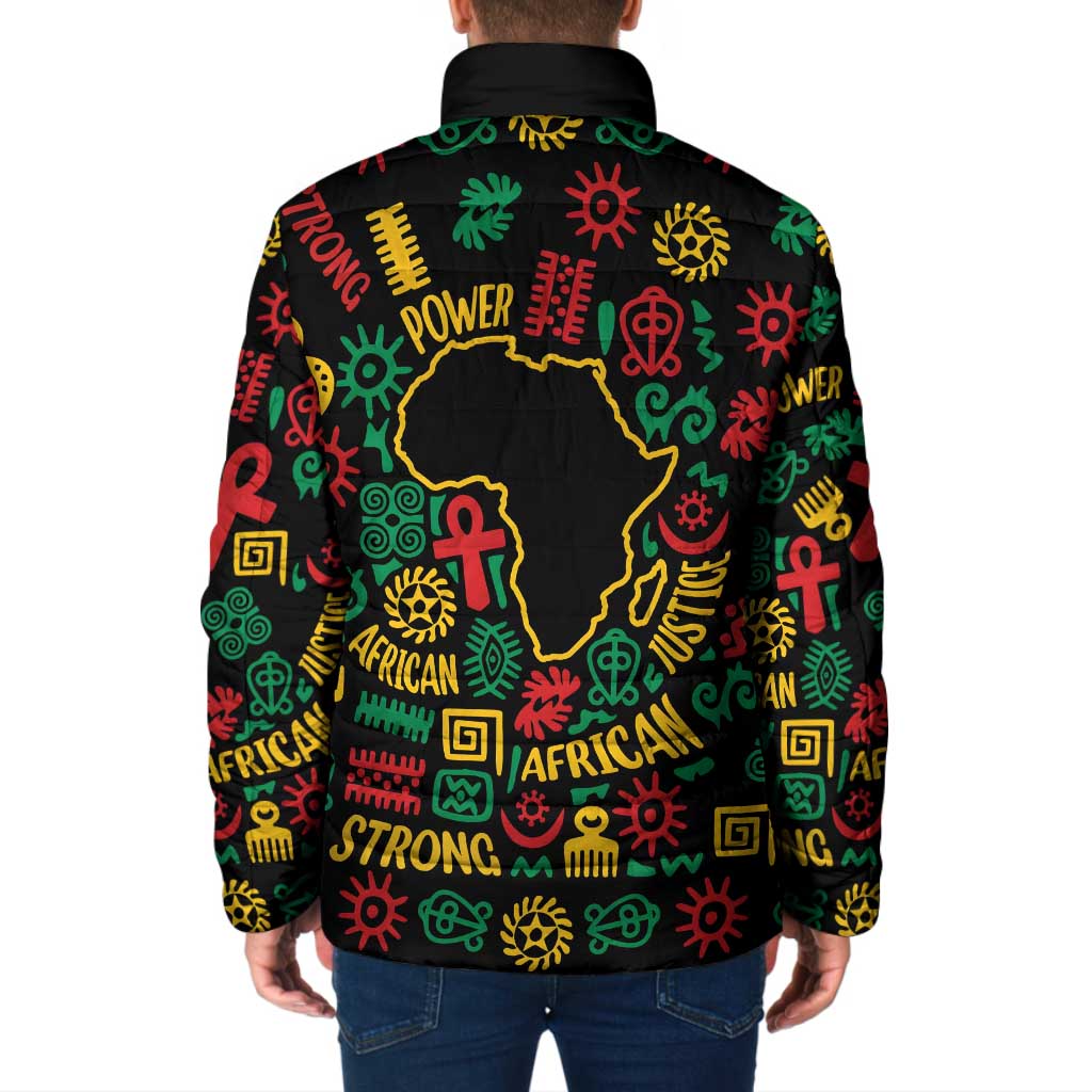 African Map Symbol Padded Jacket with Red Yellow Green Tribal Symbols and Empowering Pattern - Wonder Print Shop