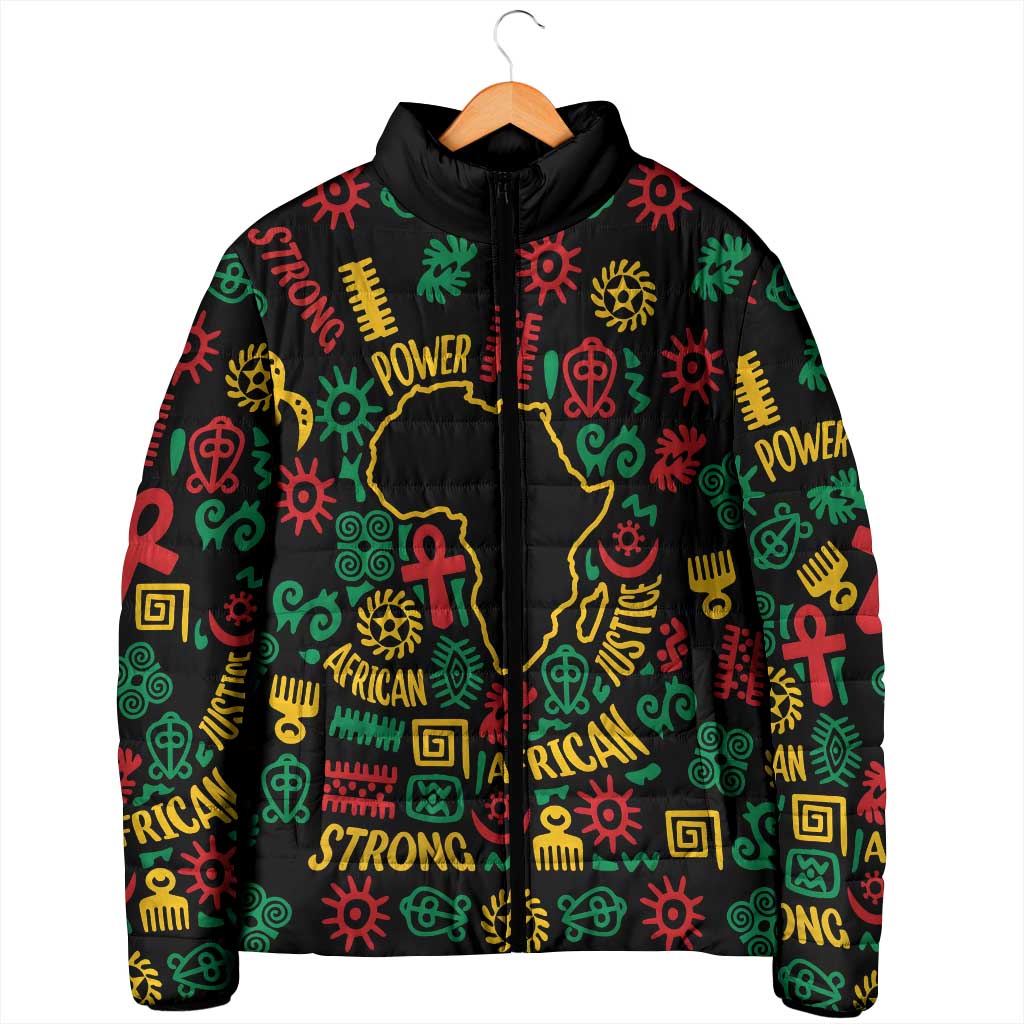 African Map Symbol Padded Jacket with Red Yellow Green Tribal Symbols and Empowering Pattern - Wonder Print Shop