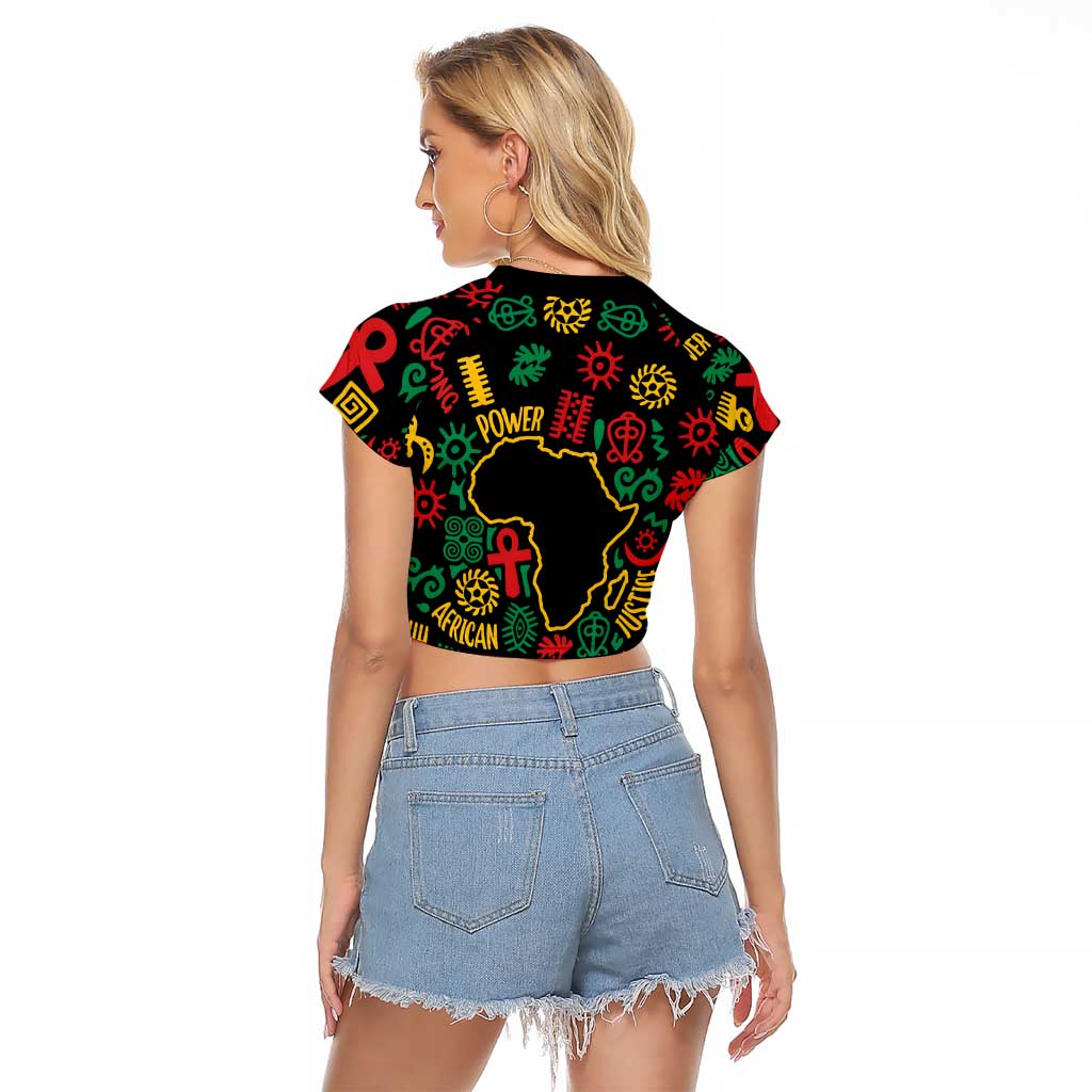 African Map Symbol Raglan Cropped T Shirt with Red Yellow Green Tribal Symbols and Empowering Pattern - Wonder Print Shop