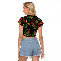 African Map Symbol Raglan Cropped T Shirt with Red Yellow Green Tribal Symbols and Empowering Pattern - Wonder Print Shop
