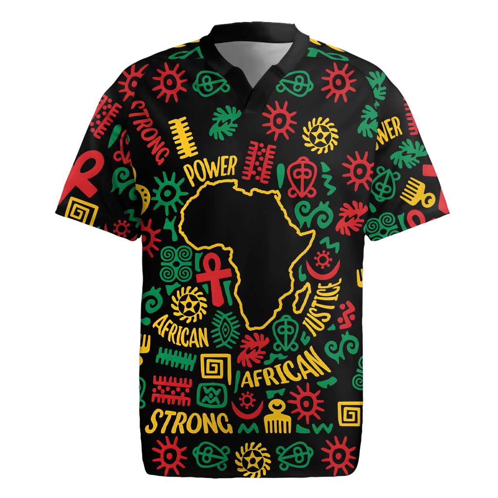 African Map Symbol Rugby Jersey with Red Yellow Green Tribal Symbols and Empowering Pattern - Wonder Print Shop