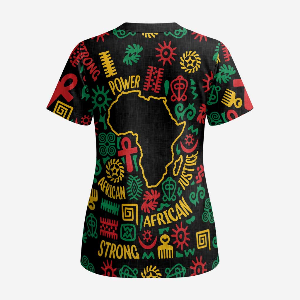 African Map Symbol Scrub Top with Red Yellow Green Tribal Symbols and Empowering Pattern - Wonder Print Shop